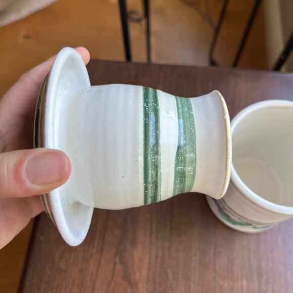 Unique Ceramic Jar W/ Butter Bell Lid Painted Green Stripes & Red Grapes signed - Picture 7 of 10